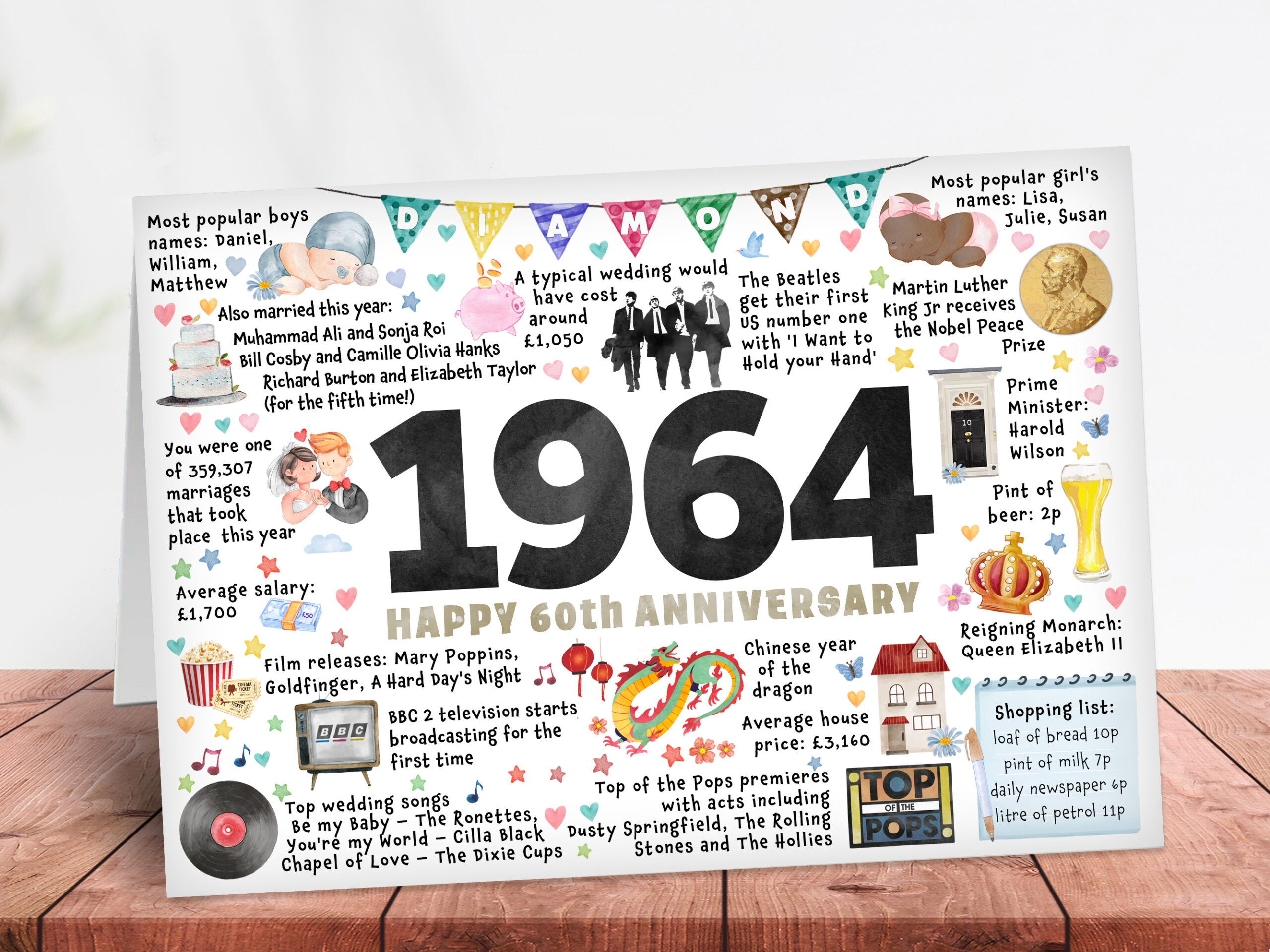 Diamond 60th wedding anniversay keepsake card, married in 1964