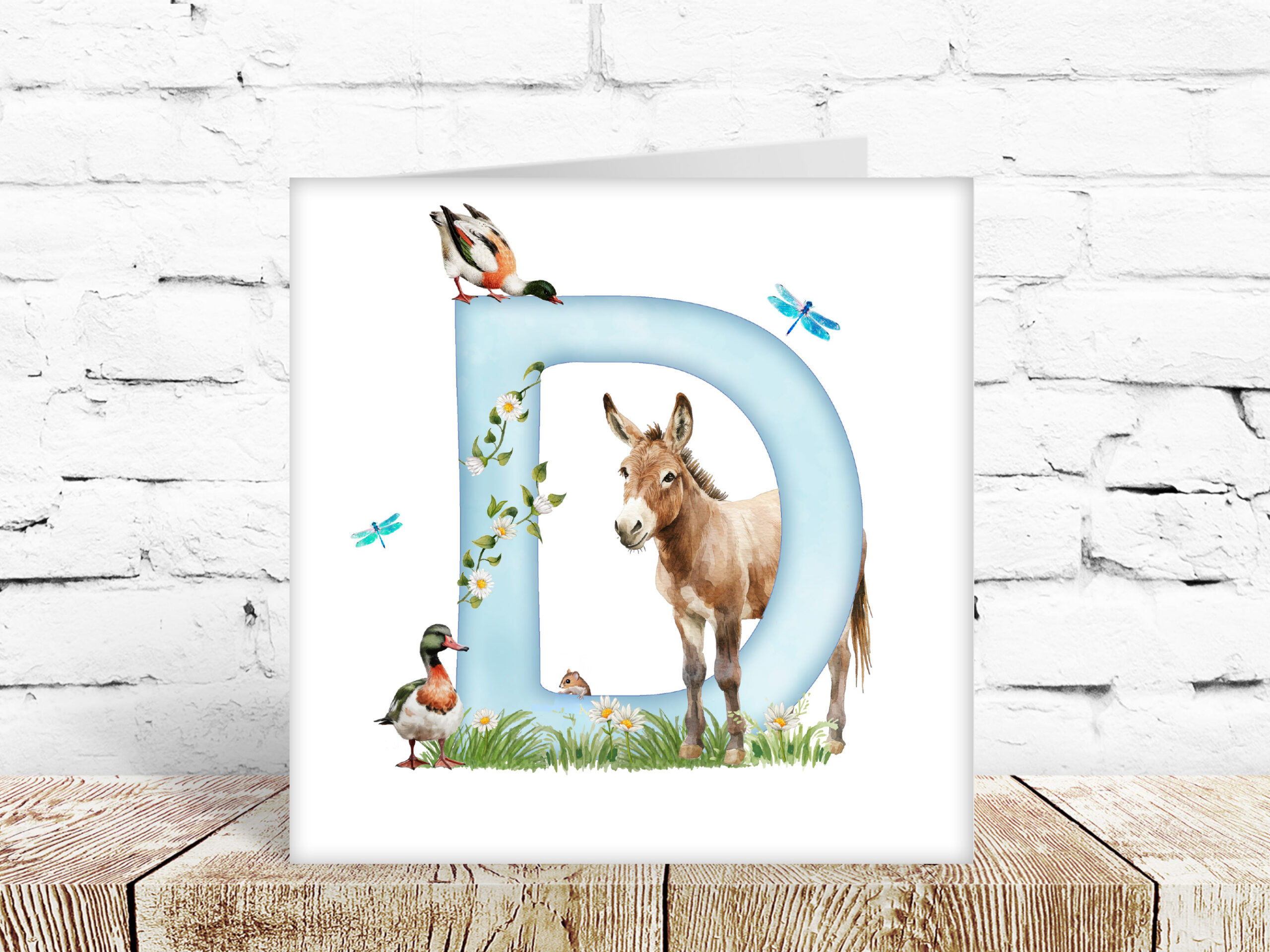 Childs watercolour alphabet card, letter D