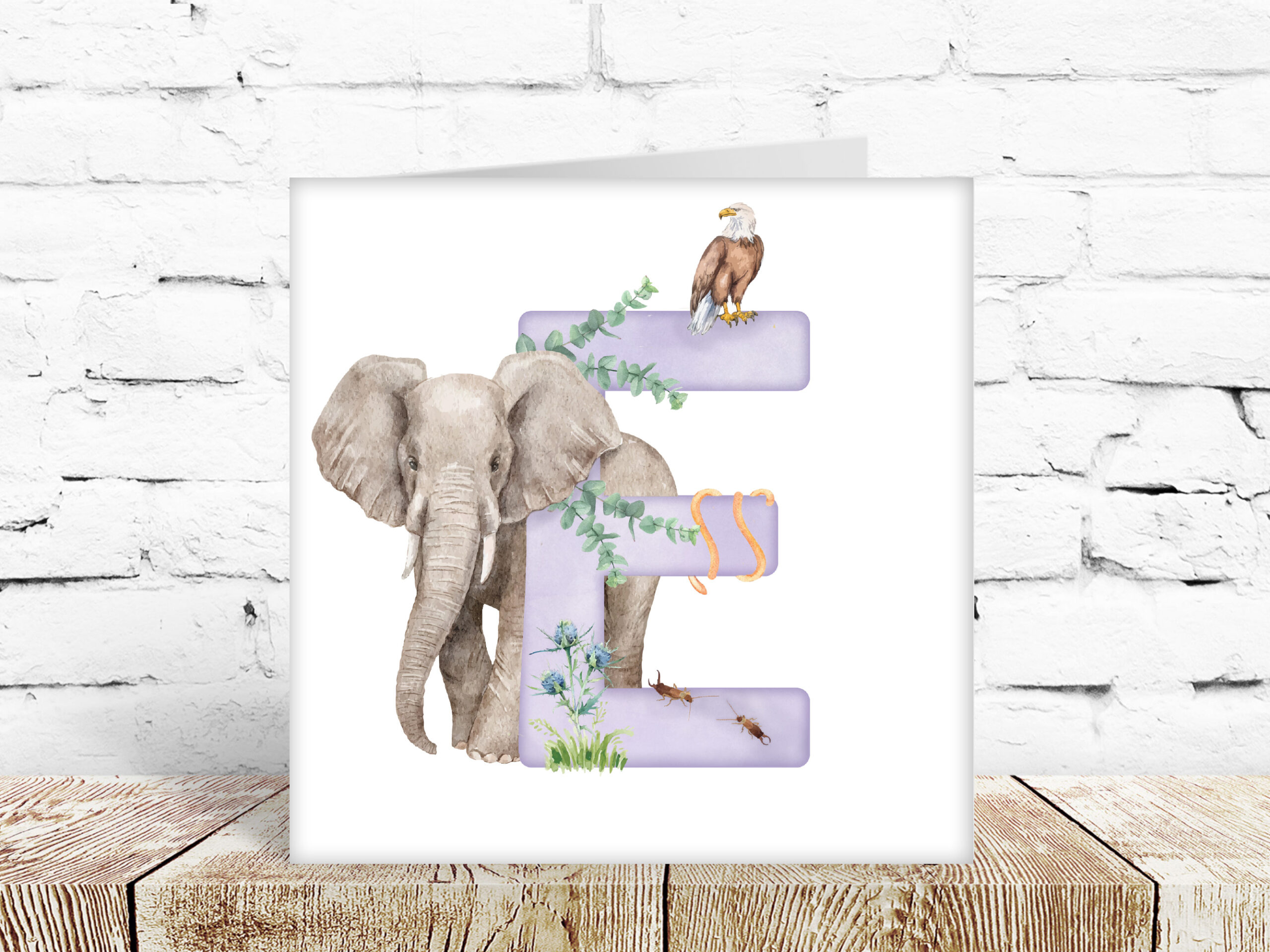 Childs watercolour alphabet card, letter E