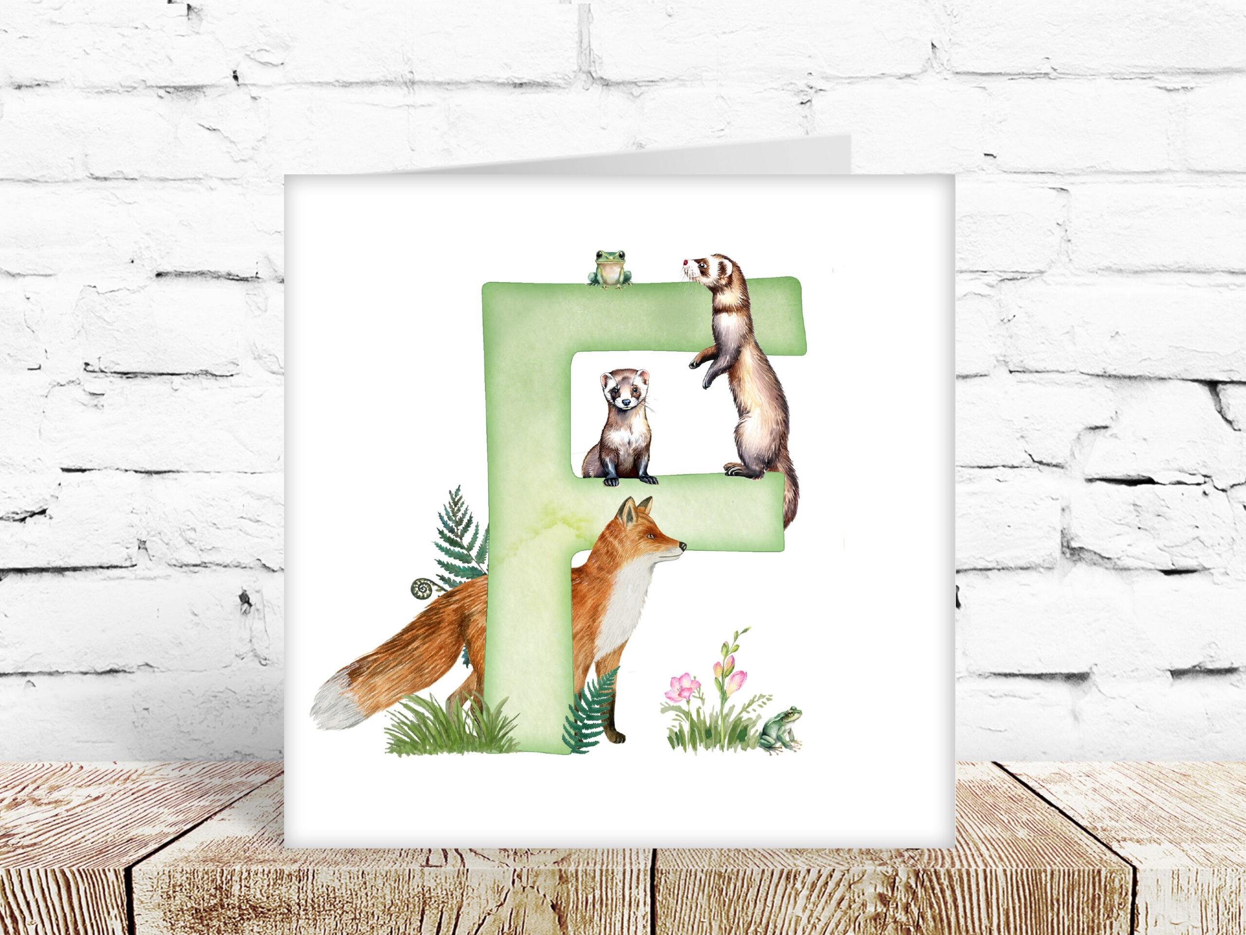 Childs watercolour alphabet card, letter F