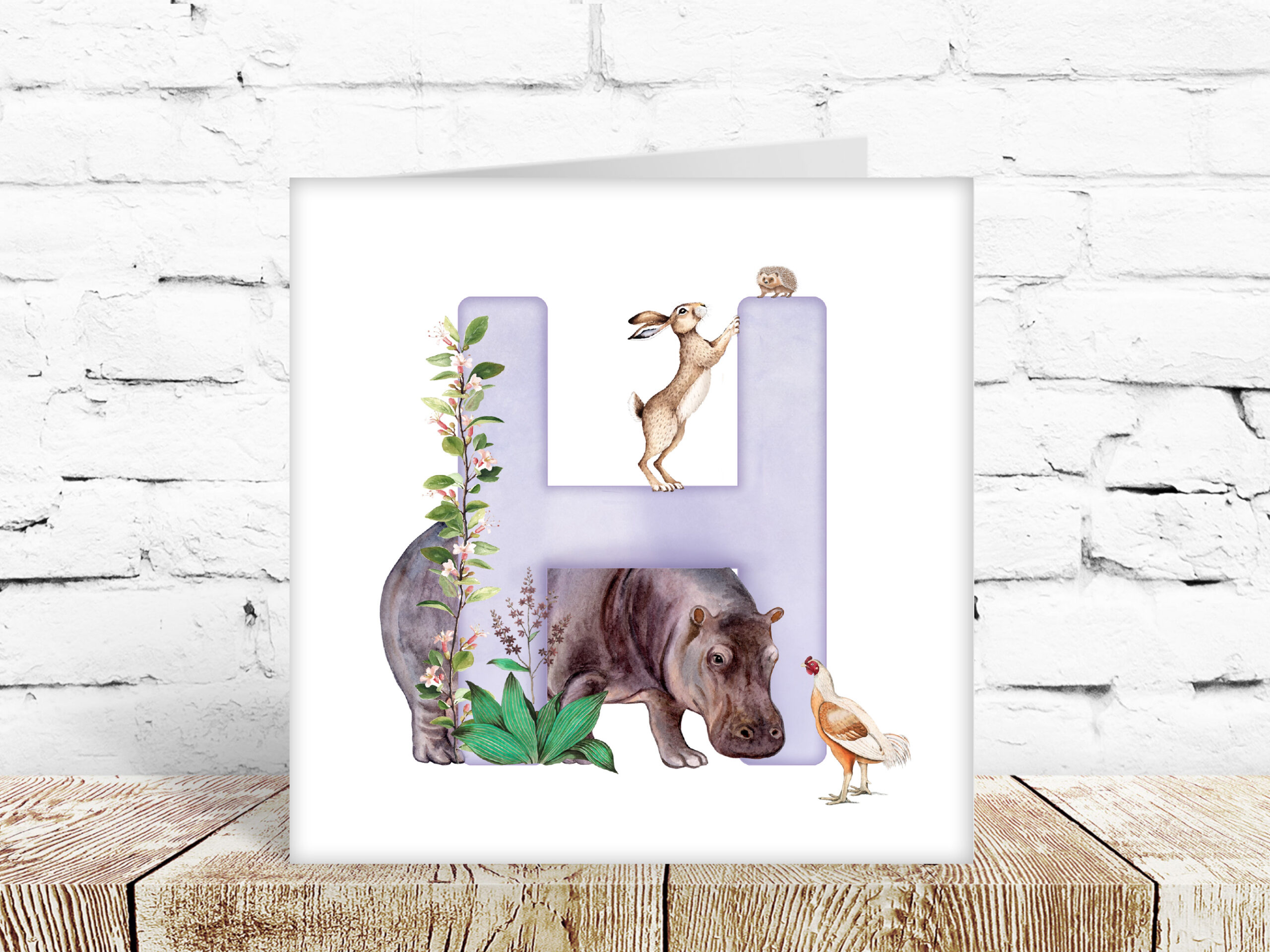 Childs watercolour alphabet card, letter H