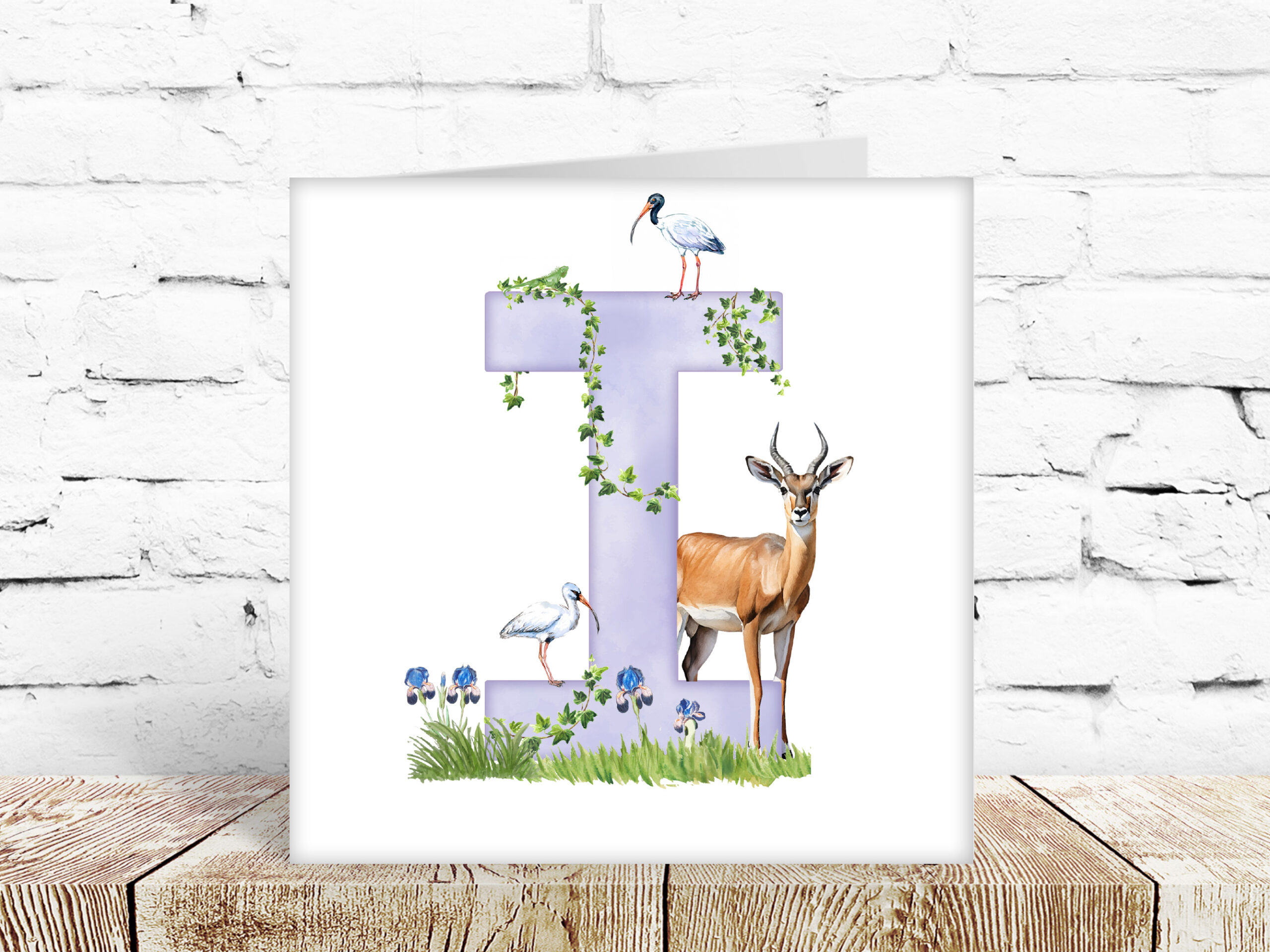 Childs watercolour alphabet card, letter I
