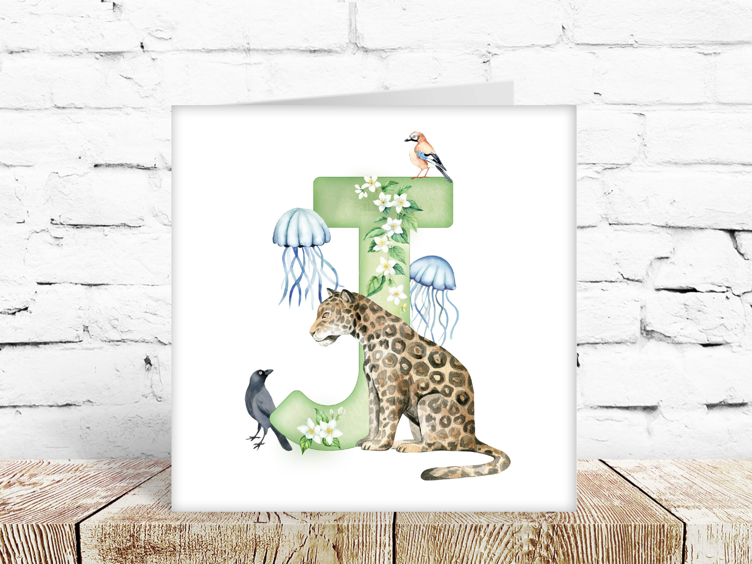 Childs watercolour alphabet card, letter J