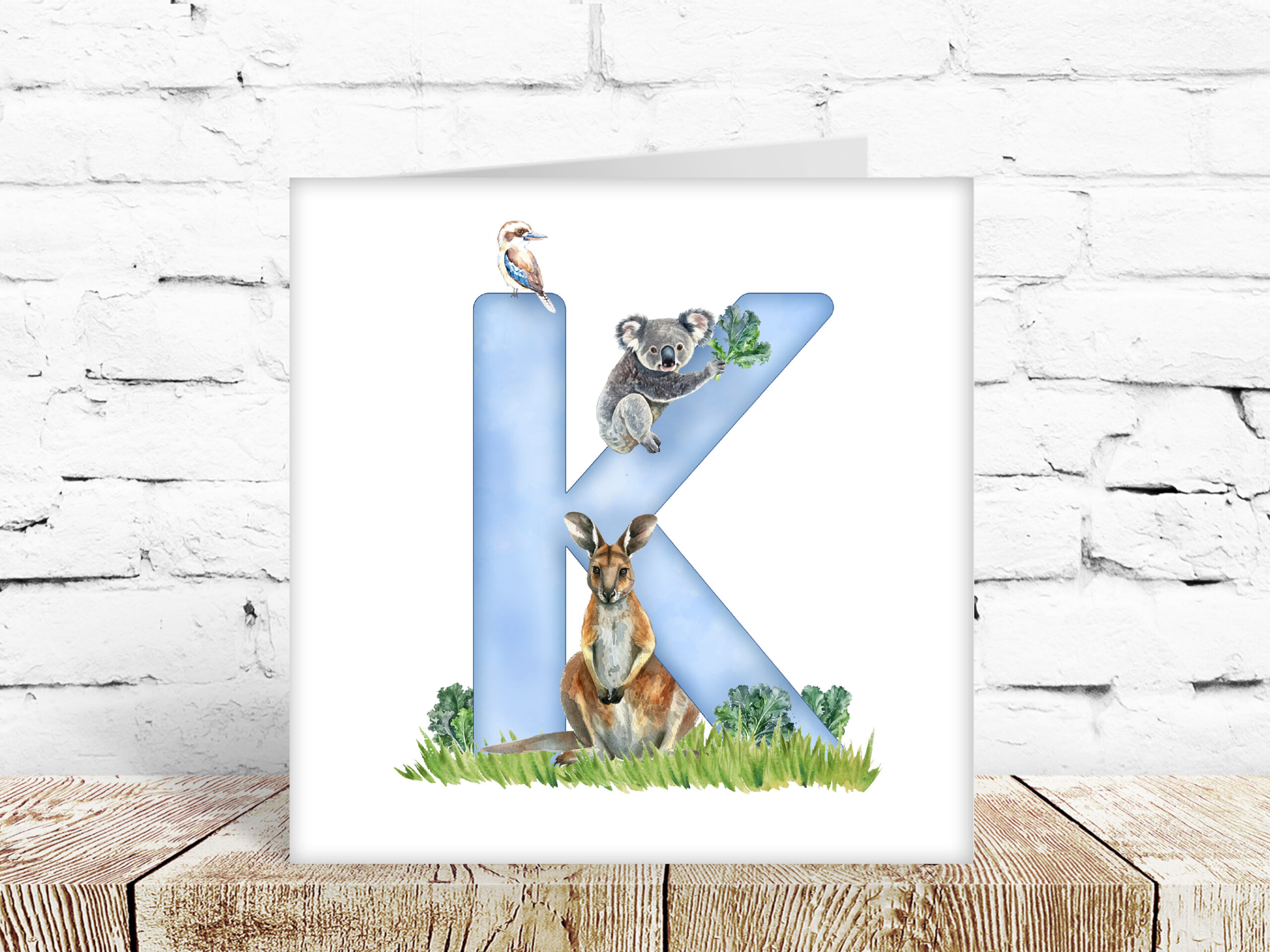 Childs watercolour alphabet card, letter K