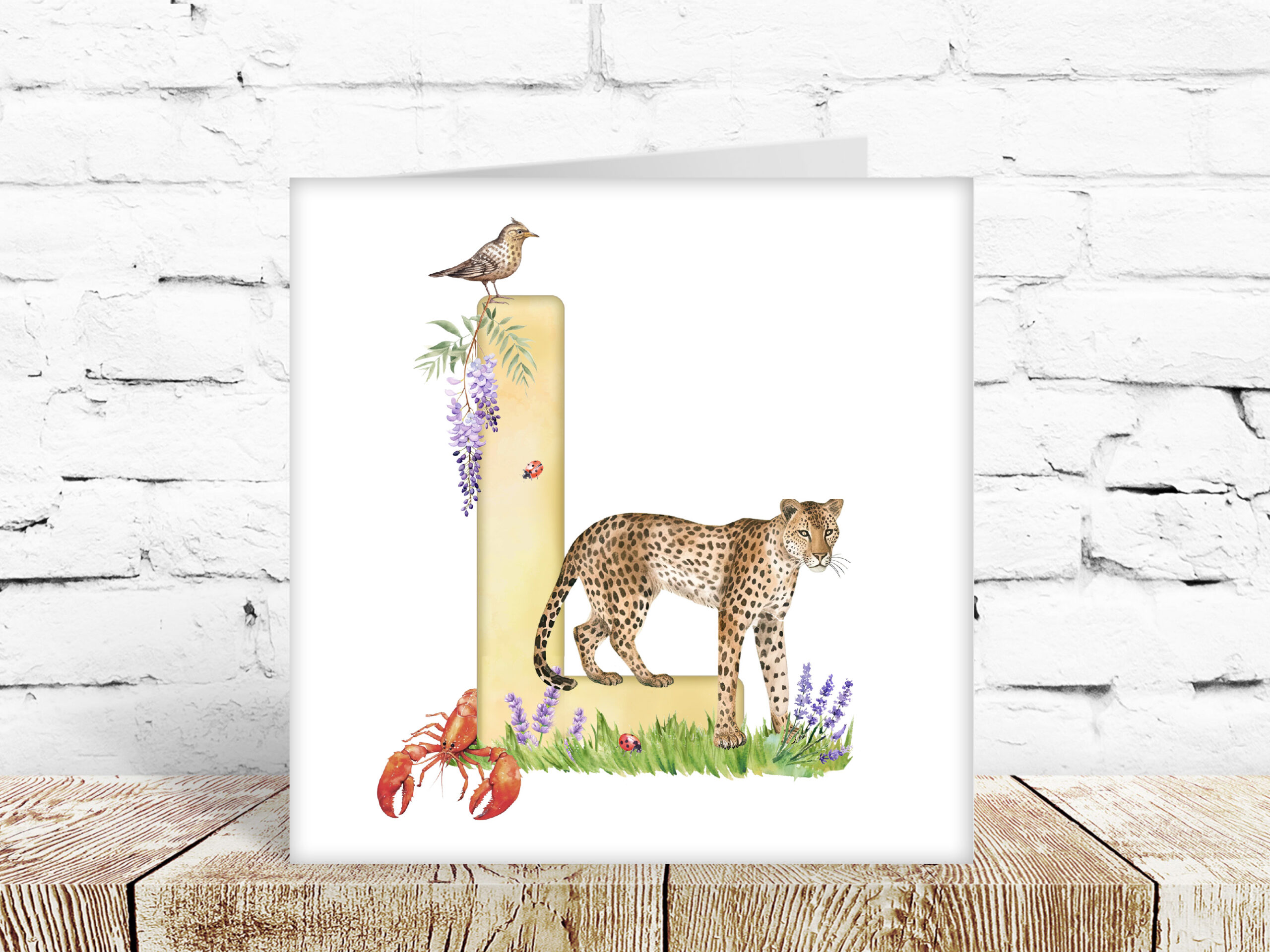 Childs watercolour alphabet card, letter L