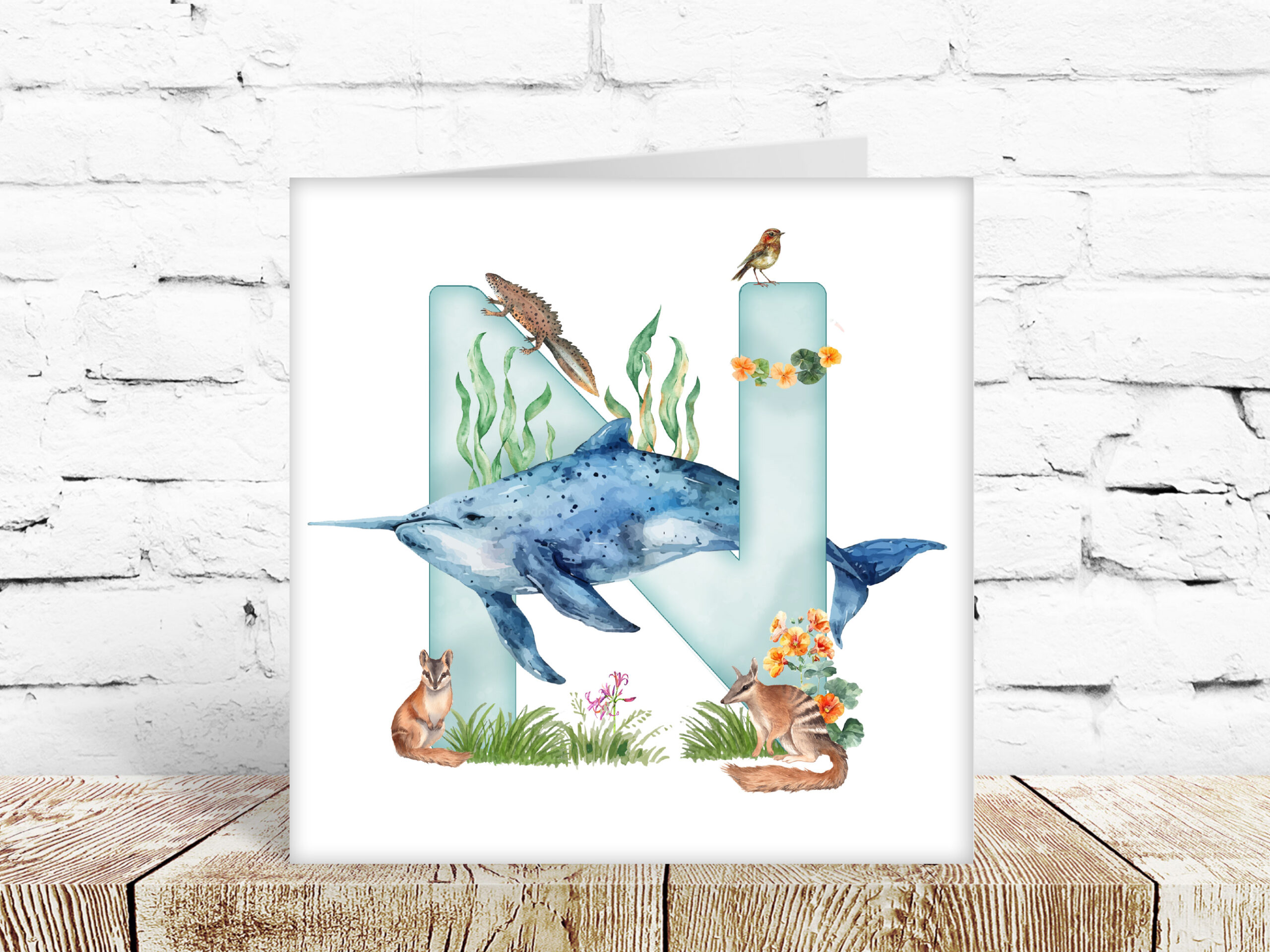 Childs watercolour alphabet card, letter N