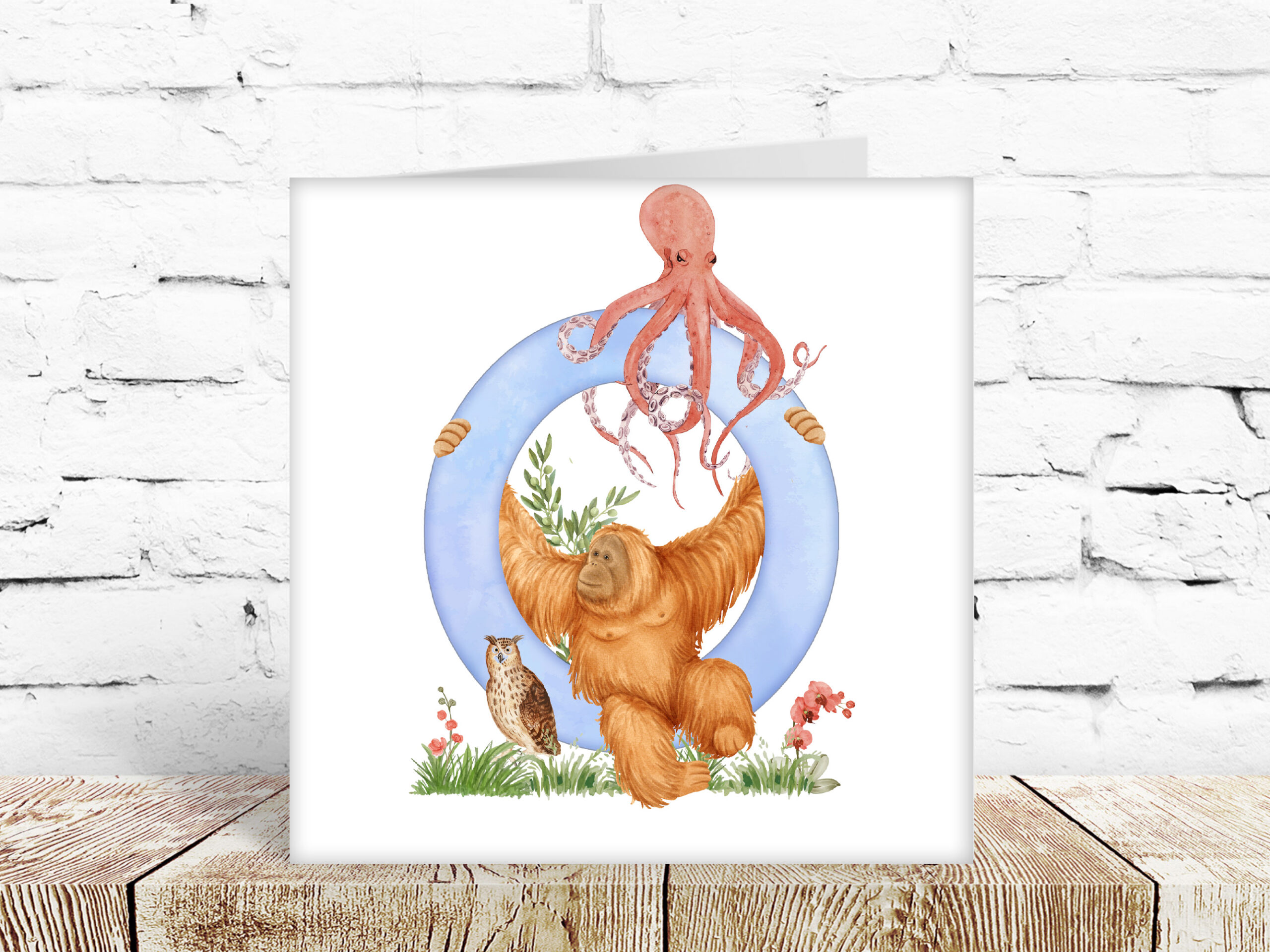 Childs watercolour alphabet card, letter O