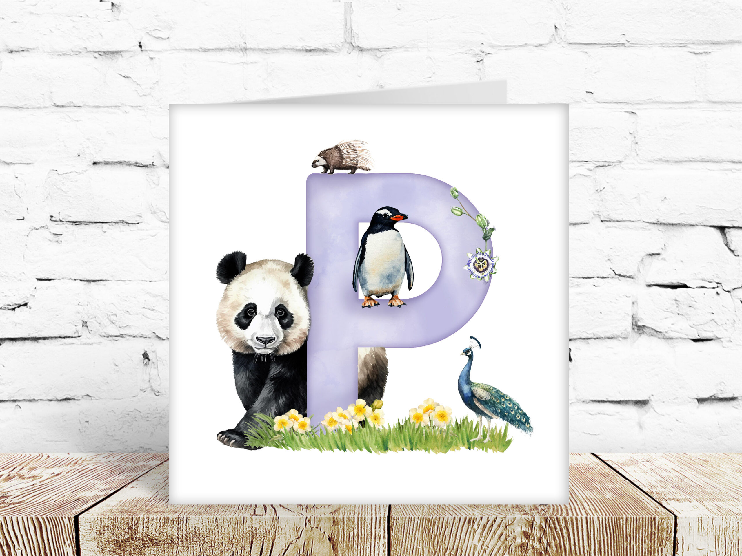 Childs watercolour alphabet card, letter P