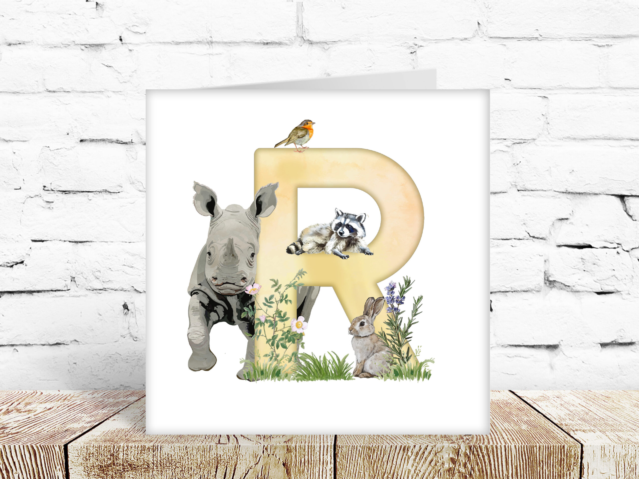 Childs watercolour alphabet card, letter R