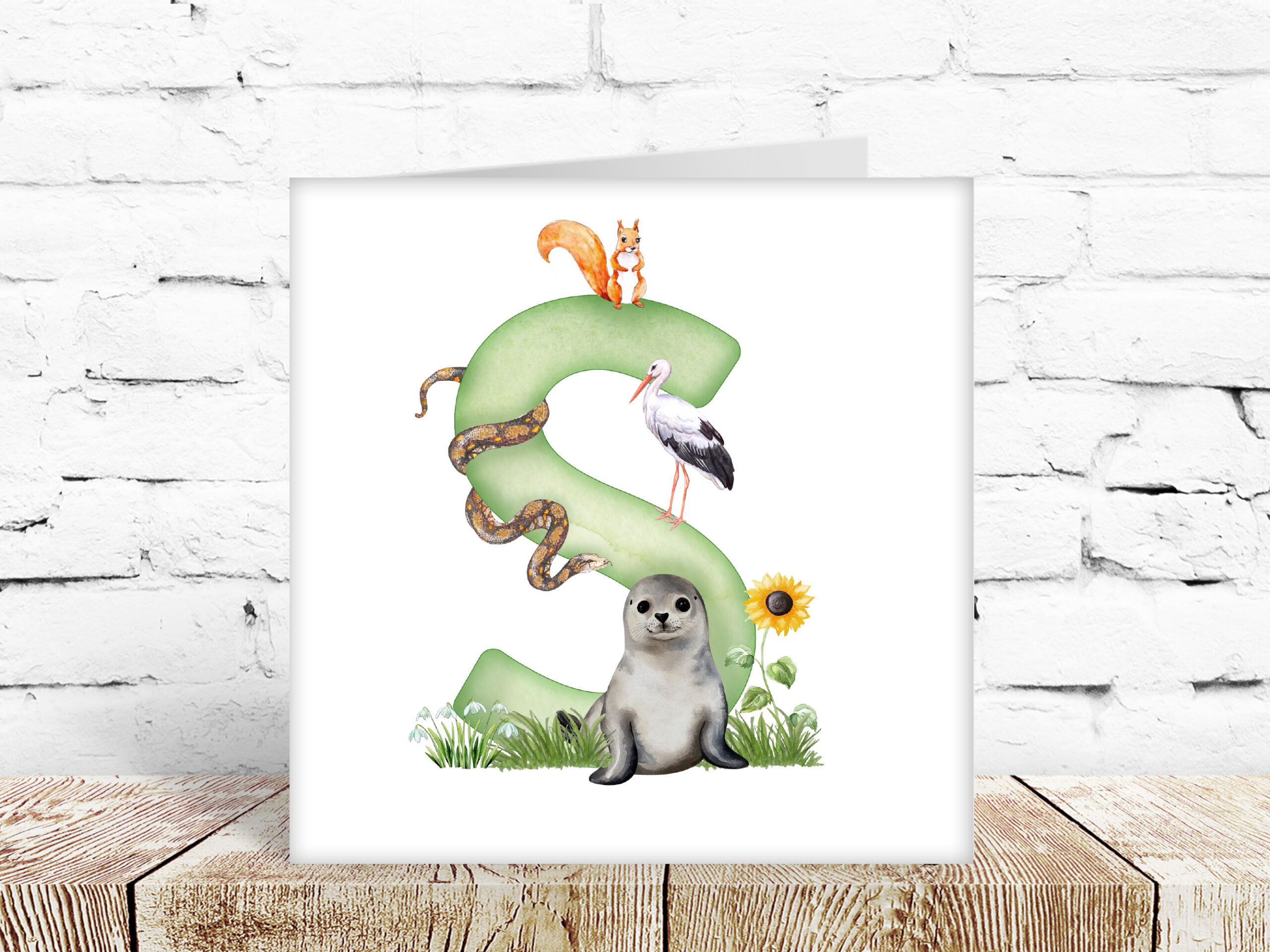 Childs watercolour alphabet card, letter S