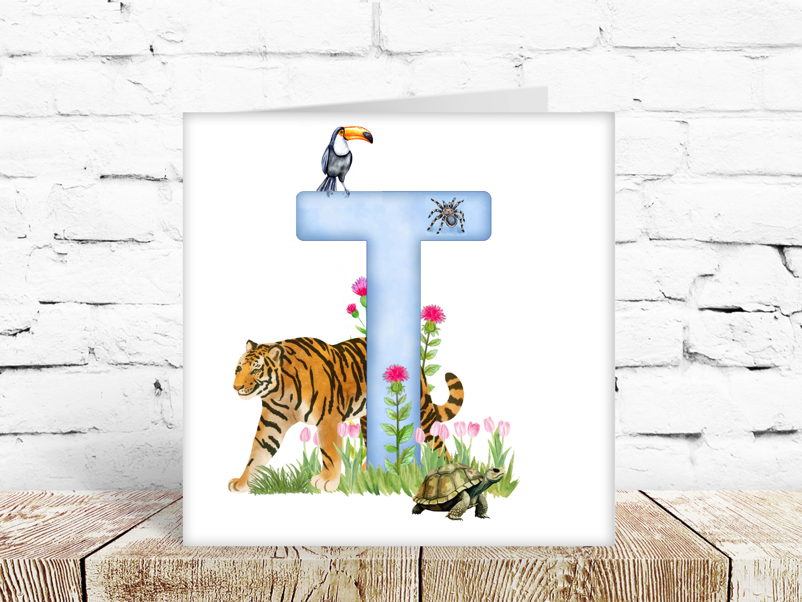Childs watercolour alphabet card, letter T
