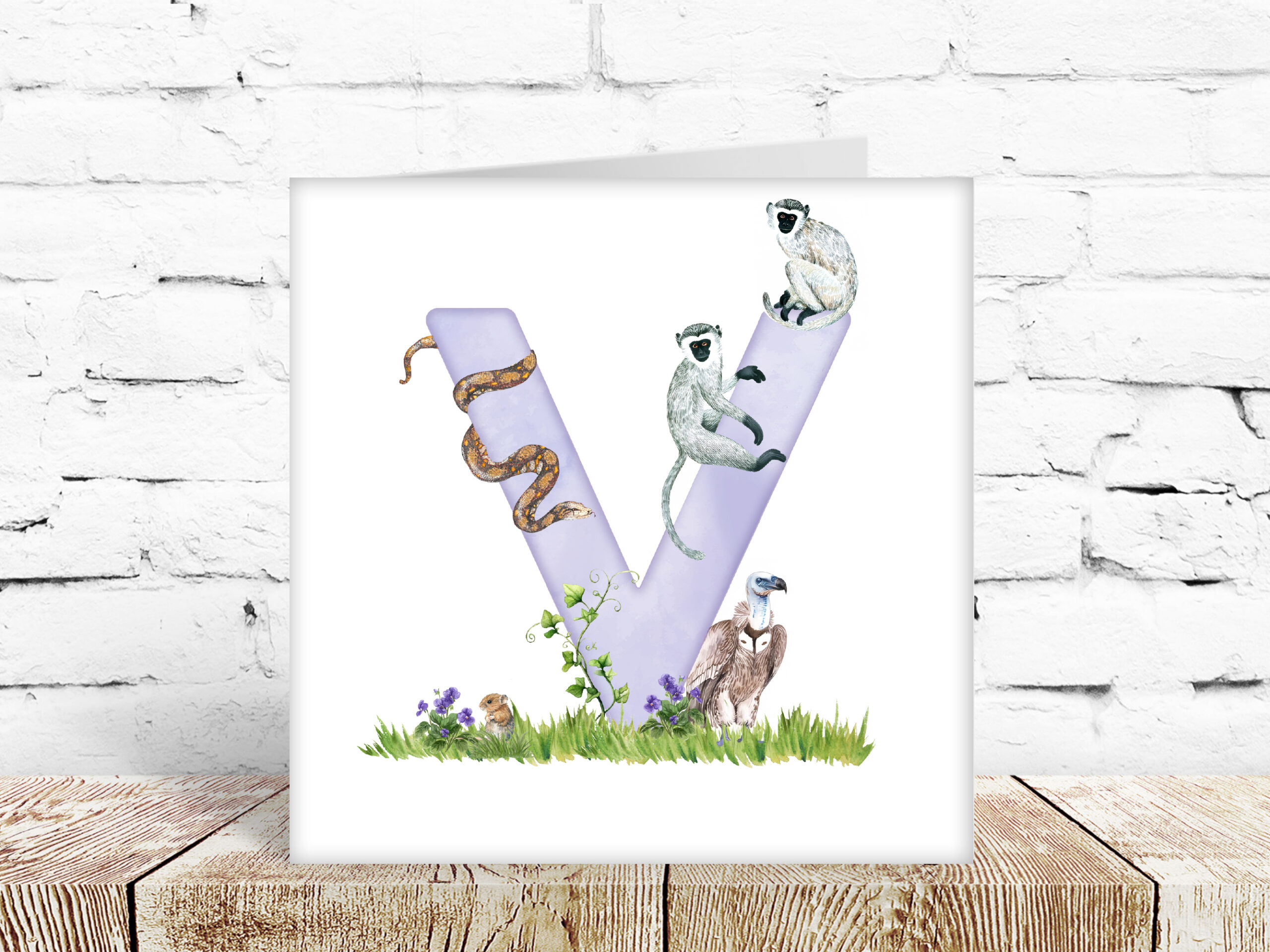 Childs watercolour alphabet card, letter V
