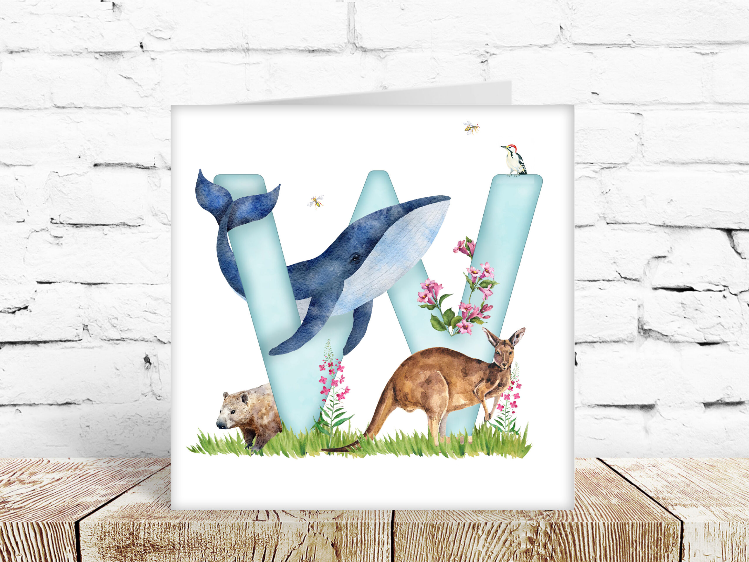 Childs watercolour alphabet card, letter W