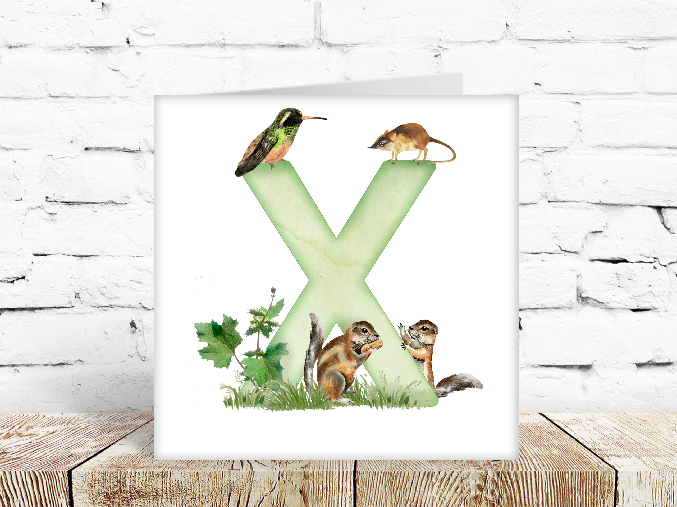 Childs watercolour alphabet card, letter X