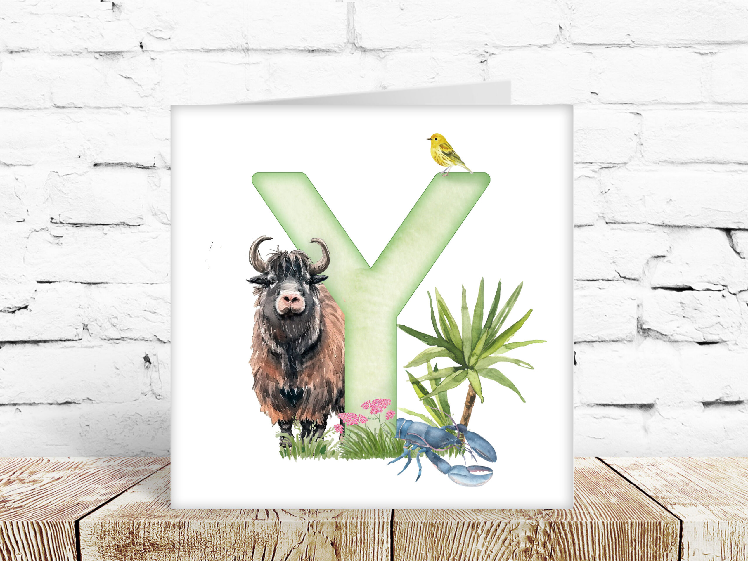 Childs watercolour alphabet card, letter Y