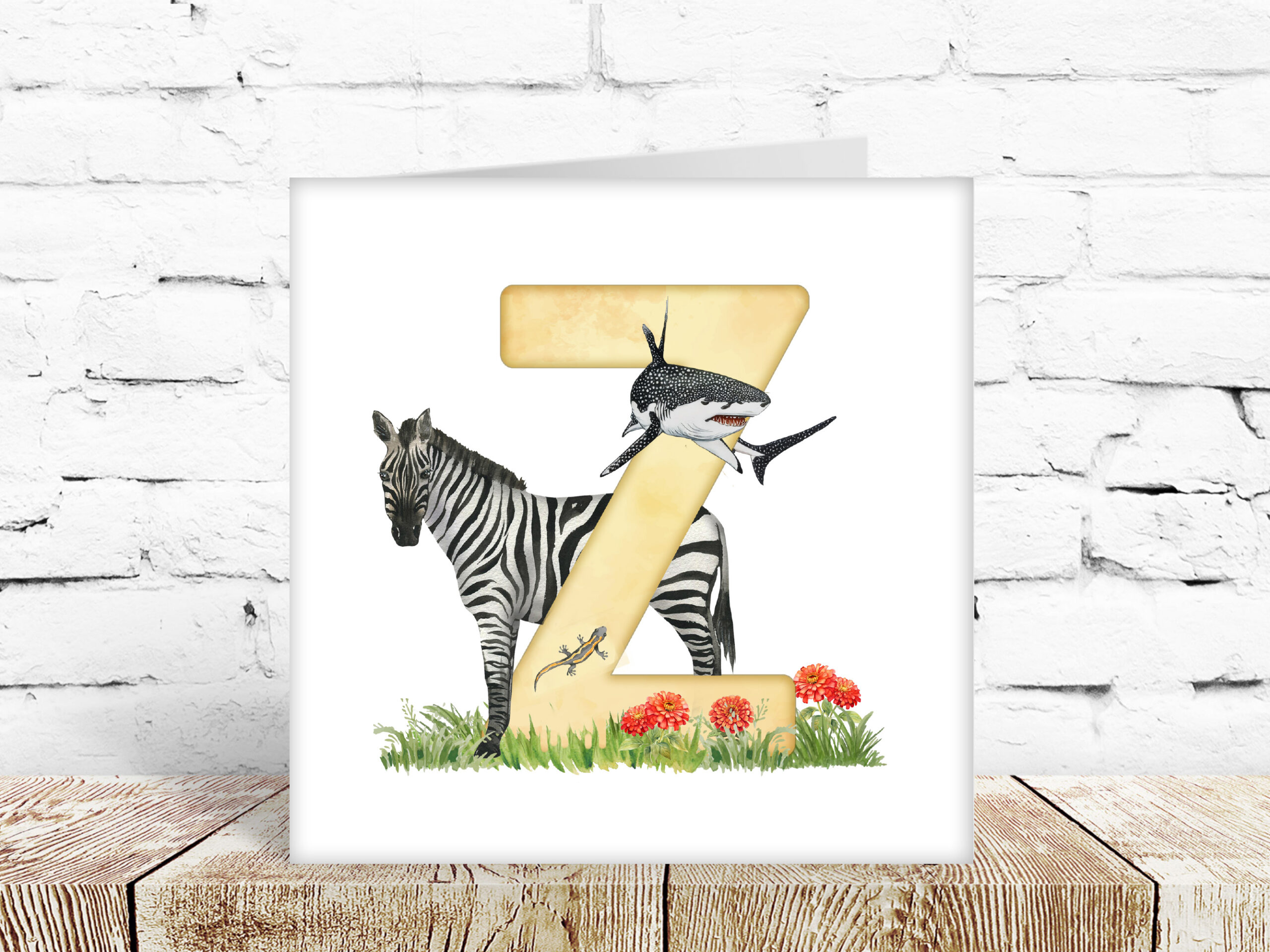 Childs watercolour alphabet card, letter Z