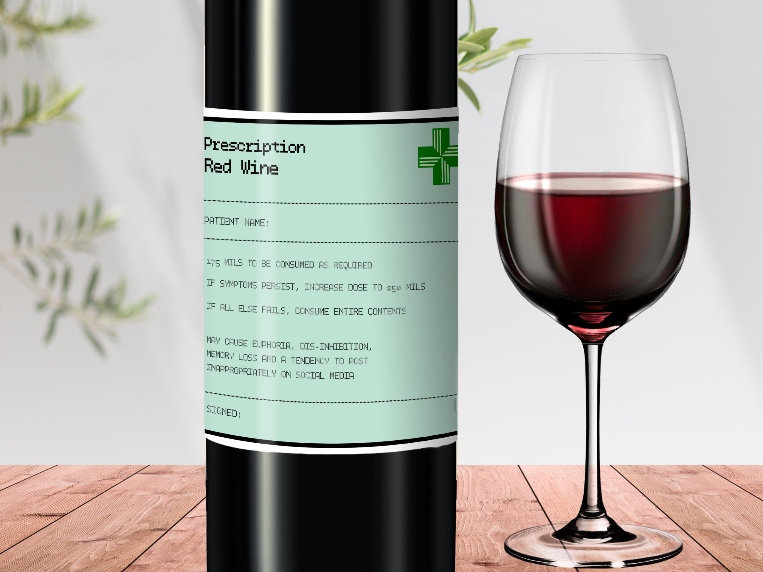 Prescription red wine, comedy wine label