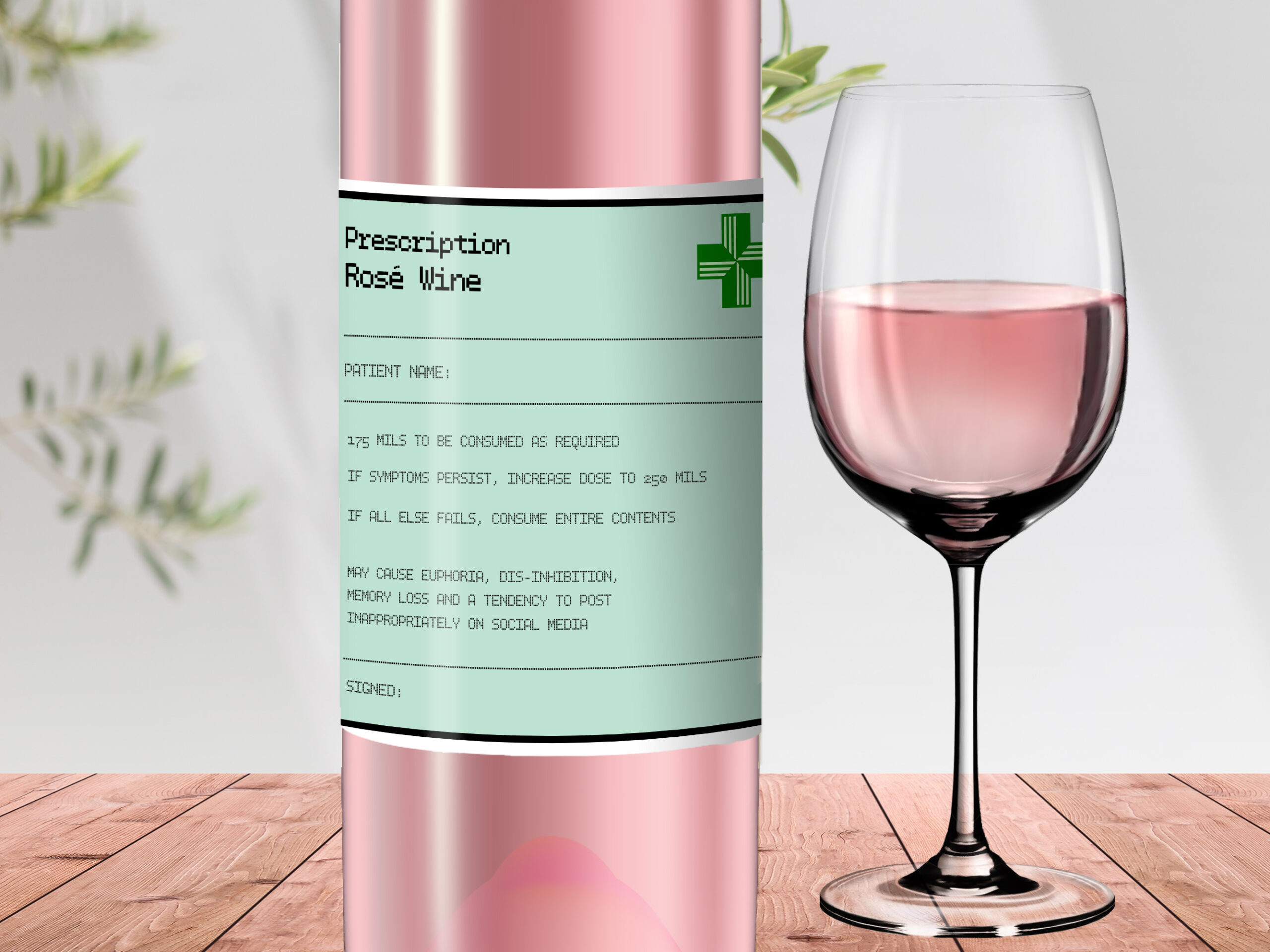 Prescription rose wine, comedy wine label