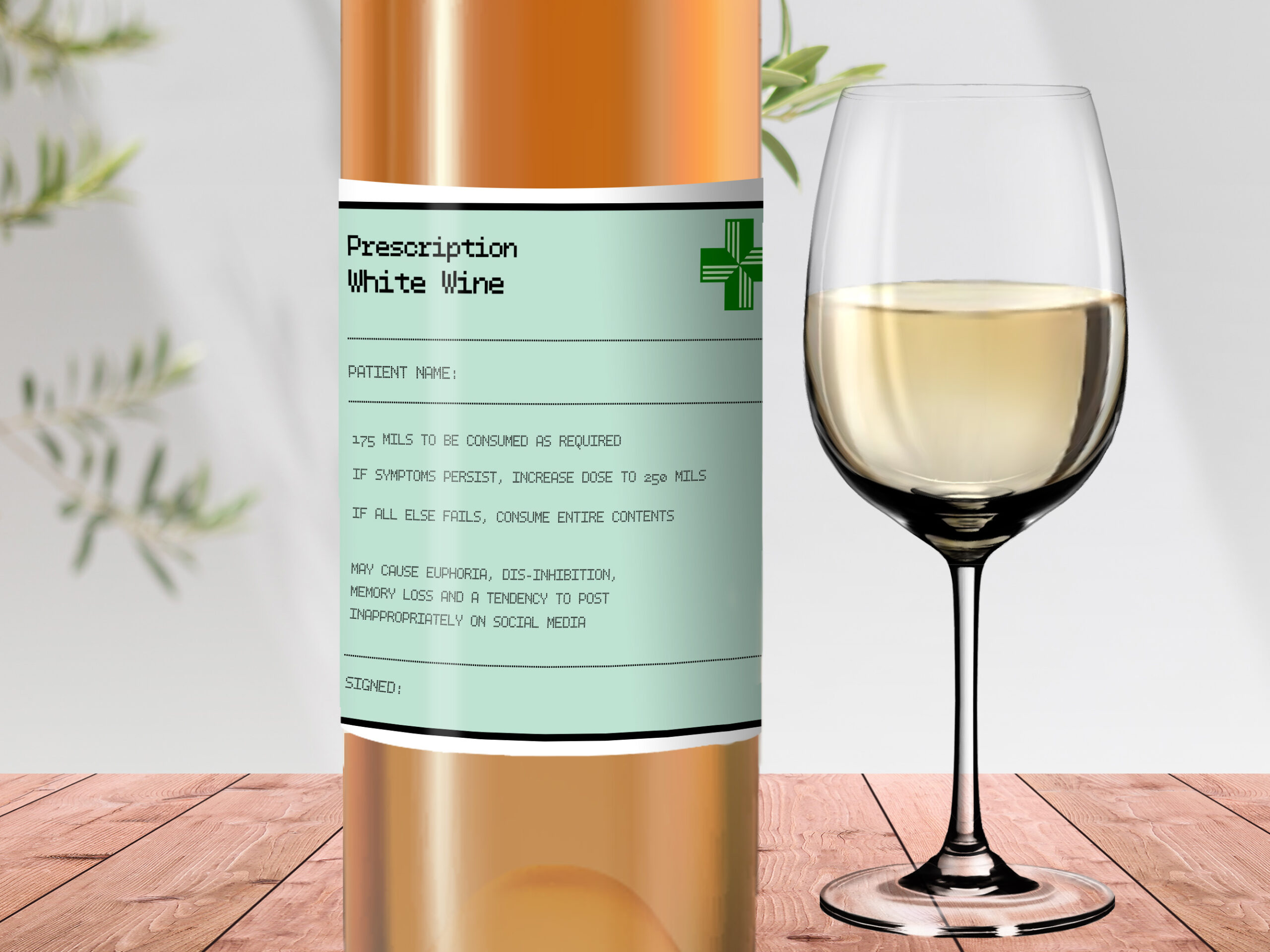 Prescription white wine, comedy wine label
